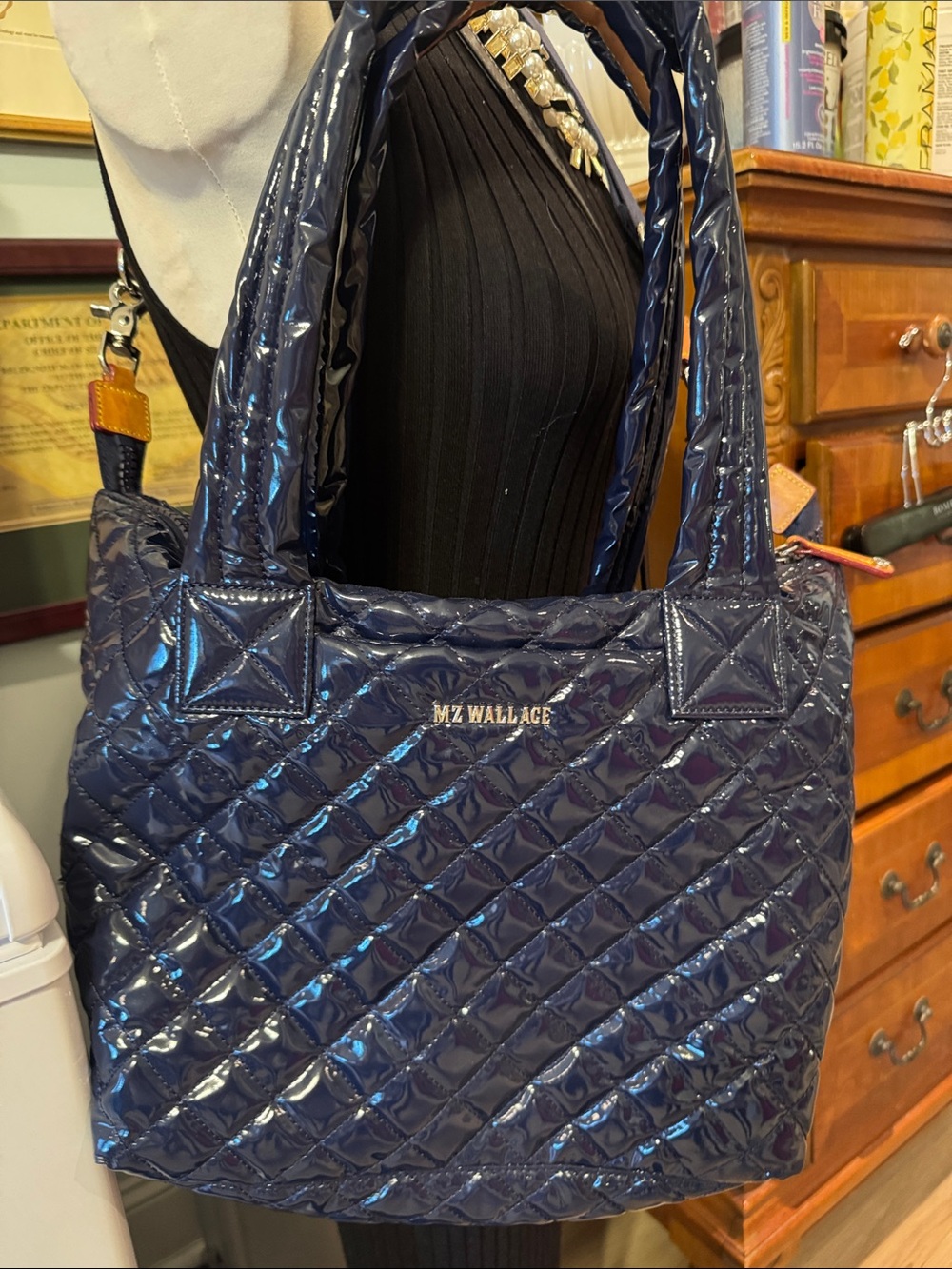 Quilted Patent Navy Tote Bag